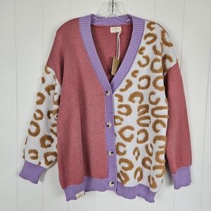 Simply Southern Cardigan Oversized Pink Leopard Colorblock Button Up Large